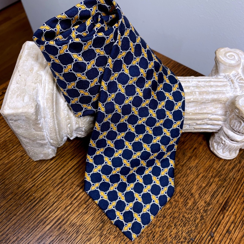 Brooks Brothers Makers Silk Tie Navy‎ Blue Gold Nautical Rope Chain Preppy Mens